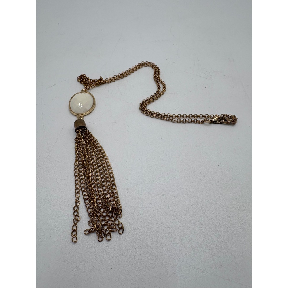 Gold Tone Long Chain Necklace White Faceted Stone Pendant Multi Strand Tassel - Picture 1 of 9